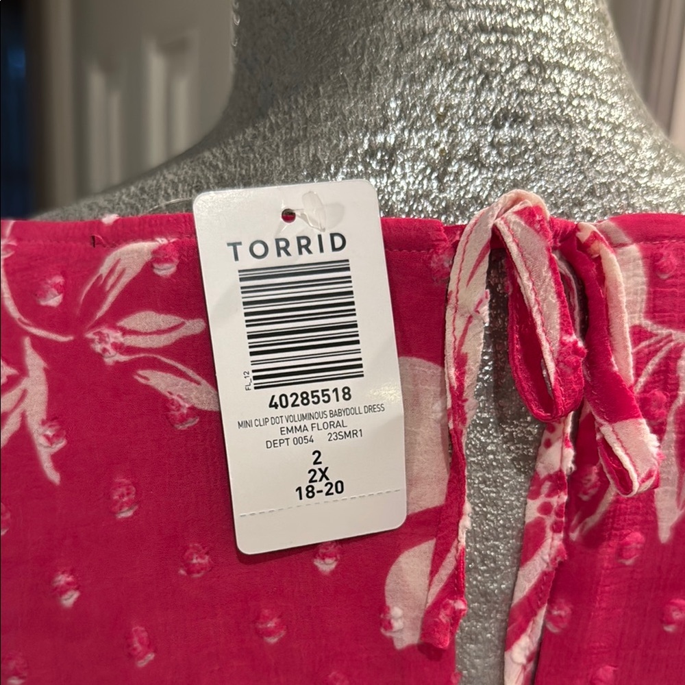 Torrid Pink Floral Mini Clip Dot Voluminous Baby Doll Lined Dress - Picture 2 of 4
